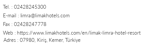 Limak Limra Hotel & Resort telefon numaralar, faks, e-mail, posta adresi ve iletiim bilgileri